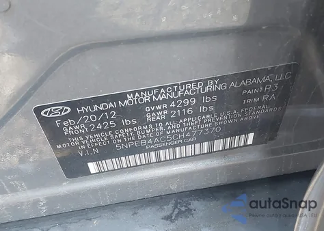 2012 Hyundai Sonata Gls from USA, damaged, VIN 5NPEB4AC5CH477370
